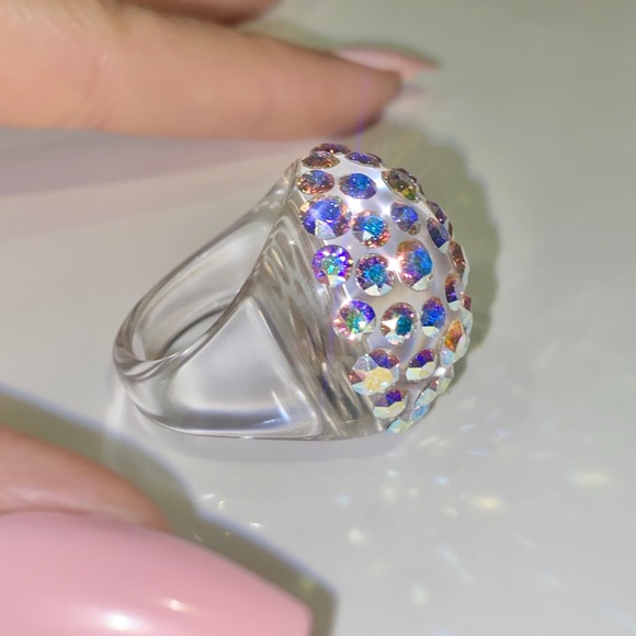 Aurora Borealis Swarovski Crystal Ring, Clear Lucite Ring, AB Crystal Dome Ring - Picture 3 of 10